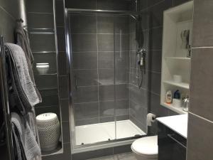 レミントン・スパにあるNumber 19 Chapel Courtのガラス張りのシャワーとトイレ付きのバスルーム +12枚の写真