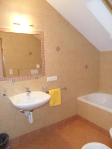 a bathroom with a sink and a tub and a mirror at Appartamenti Stauderhof in Villabassa