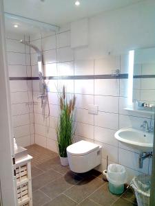a bathroom with a toilet and a sink at Ferienwohnung Deichstr De Lorenzo in Carolinensiel +13 photos