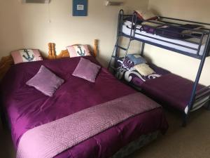 a bedroom with a purple bed and bunk beds at Causeway tavern bed & breakfast in Bushmills