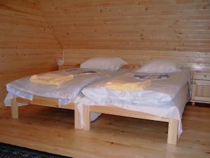 two twin beds in a room with wooden walls at Chalet Sofia in Borovets