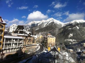 a view of a city with snow covered mountains at Executive Apartement Gastein in Bad Gastein