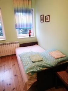 małe łóżko w pokoju z oknem w obiekcie Pokoje Gościnne Lalaj w mieście Bolęcin