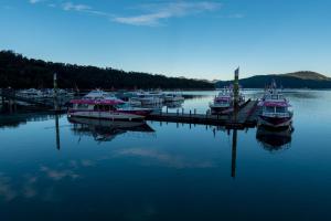 a group of boats are docked in a harbor at Tai Hu Hotel Sun Moon Lake in Yuchi