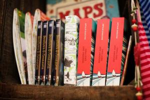 a row of books sitting on a shelf at Bank Ground Farm in Coniston