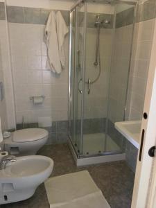 a bathroom with a shower and a toilet and a sink at Hotel Monreale in Sardara