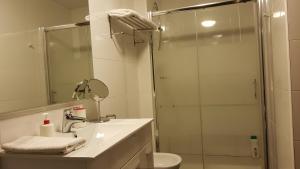 Un baño con ducha, lavabo e inodoro. en Apartamentos Puerta Muralla, en Teruel 37 fotos más