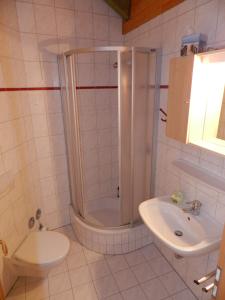 Un baño con ducha, inodoro y lavabo. en 1-Zimmer-Ferienwohnung, en Plau am See