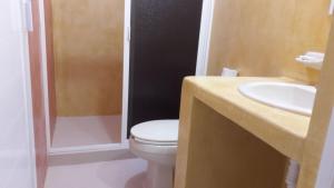 uma casa de banho com um WC, um lavatório e um chuveiro em Posada Playa Linda em Ixtapa