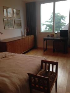 Un dormitorio con una cama, un escritorio y una silla. en AVLiving City FLAT Basel with Roof Garden, en Basilea