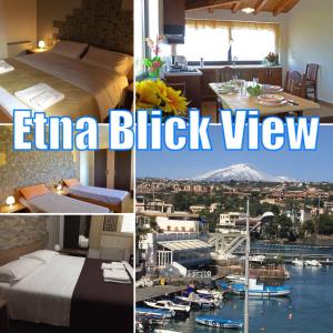 eine Collage mit Bildern eines Hotelzimmers mit Aussicht in der Unterkunft Etna Blick View in Zafferana Etnea