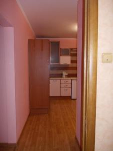 a small kitchen with pink walls and a wooden floor at Alexandra Apartments in Kyiv