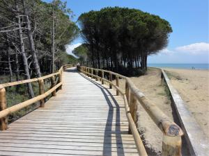 una passerella di legno che conduce a una spiaggia alberata di Villa Bianca a Bibione
