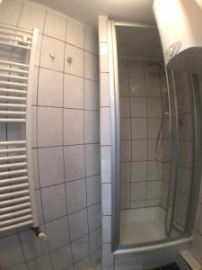 a bathroom with a shower and a sink at Pension im Grünen in Eberswalde-Finow +22 photos