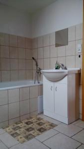 a bathroom with a sink and a bath tub at Penzion Edelštejn in Petrovice