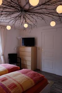 ベルヒテスガーデンにあるFerienwohnung Stangassingerのベッドルーム1室(ベッド2台、天井テレビ付)