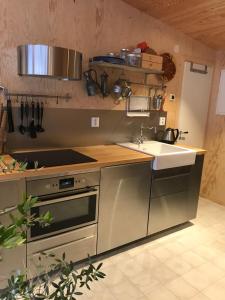 uma cozinha com um lavatório e um fogão em Båstad Ateljehus em Båstad