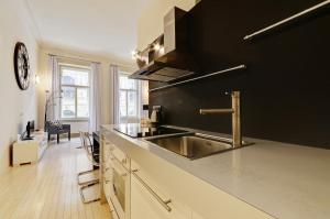 a kitchen with a stainless steel sink and black wall at Historic Centre Apartments VI in Prague