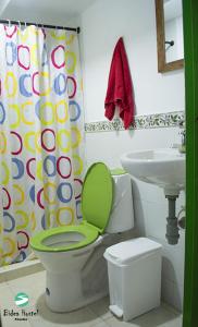 a bathroom with a green toilet and a sink at Bidea Backpackers Hostel in Filandia