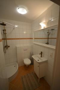 a white bathroom with a toilet and a sink at Sieben-Berge-Haus in Brüggen +33 photos