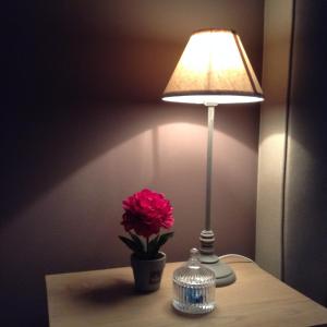 a lamp and a vase with a flower on a table at 'Southfield': Stylish & Quiet in Bruges in Bruges