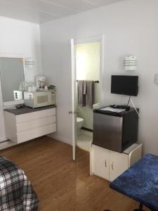 a living room with a television and a bathroom at motel Christine in Lac-Bouchette