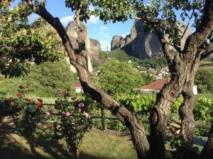 a tree with flowers in a garden with rocks in the background at Hotel Doupiani House in Kalabaka