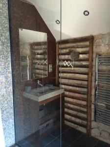 uma casa de banho com um lavatório e uma cabina de duche em vidro. em La Maison Du Meunier em Loze
