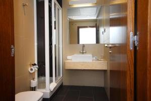 a bathroom with a sink and a toilet and a mirror at Hotel Domus Plaza Zocodover in Toledo