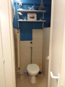 ガールドニにあるKék vitorlás apartmanの青い壁のバスルーム(トイレ付)