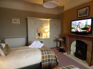 Schlafzimmer mit einem Bett, einem TV und einem Kamin in der Unterkunft Thornsgill House Bed & Breakfast in Askrigg