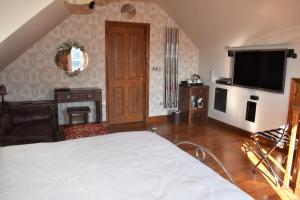 1 dormitorio con cama, TV y chimenea en Riverside Escape, en Keswick