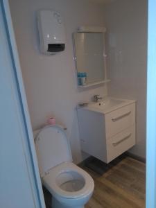 a white bathroom with a toilet and a sink at La cabine de plage in Batz-sur-Mer