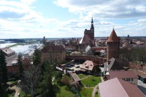 an aerial view of a city with a castle at Ferienhaus Marktstraße in Tangermünde