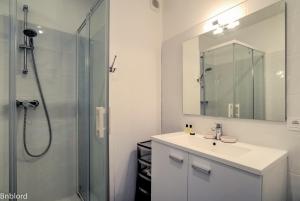 uma casa de banho com um lavatório e um chuveiro com um espelho. em Appartement Place Kléber em Estrasburgo