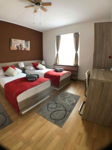 una camera da letto con due letti e una grande finestra di Gasthof zur Saline a Pratteln