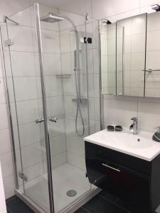 uma casa de banho com um chuveiro e um lavatório. em Flaminia Wohnung 15 - Best view and Free parking! em Leukerbad