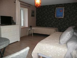 a bedroom with a bed and a couch and a tv at Au Palton in Raon-aux-Bois