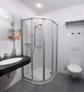 a bathroom with a shower and a sink and a toilet at Hotel zur Post in Wettringen