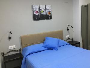 a bedroom with a bed with a blue bedspread at Apartamentos Maladeta in Benasque