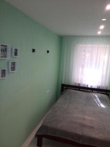 a green bedroom with a bed and a window at Comfort Apartment on Bogoyavlenskiy in Mykolaiv