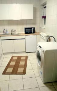 eine Küche mit einer Waschmaschine und einem Waschbecken in der Unterkunft Ferienhaus "Harzblick" in Halberstadt