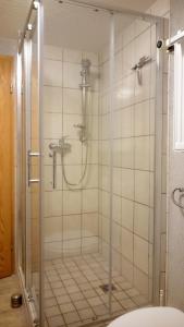um chuveiro com uma porta de vidro na casa de banho em Ferienhaus "Harzblick" em Halberstadt
