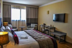 ブエノスアイレスにあるHotel Grand Brizo Buenos Airesのベッド1台、薄型テレビが備わるホテルルームです。