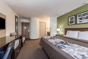 a hotel room with a bed and a flat screen tv at Baymont by Wyndham Pueblo in Pueblo