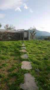 a stone path in a field with a building at Naramanue in Dorgali