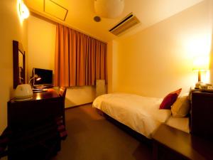 Habitación de hotel con cama, escritorio y TV. en Koga Central Hotel, en Koga