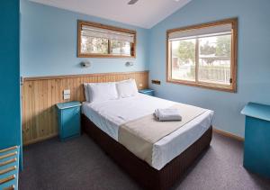 a bedroom with a bed with blue walls and a window at Toowoon Bay Holiday Park in The Entrance