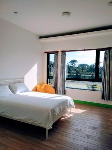 墾丁的住宿－墾丁夏綠地民宿 ，一间卧室设有一张床和一个大窗户