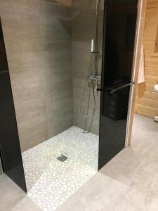 ル・メニルにあるchalet vosgienのバスルーム(ガラスドア付きのシャワー付)